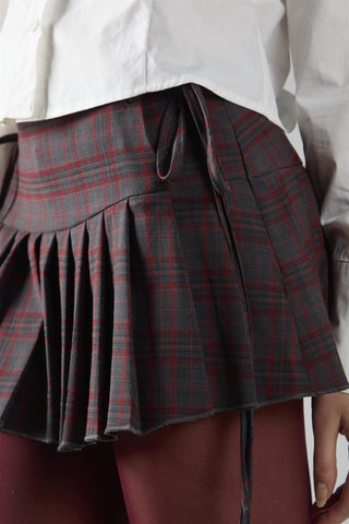 Grey Red Check Pleated Mini Skirt