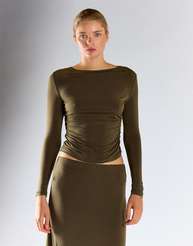 Olive Ruched Side Long-Sleeves Boatneck Top