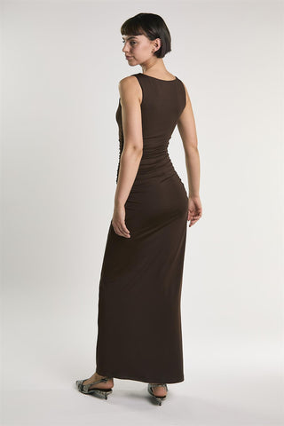 Bitter Chocolate Slash Neck Midaxi Dress