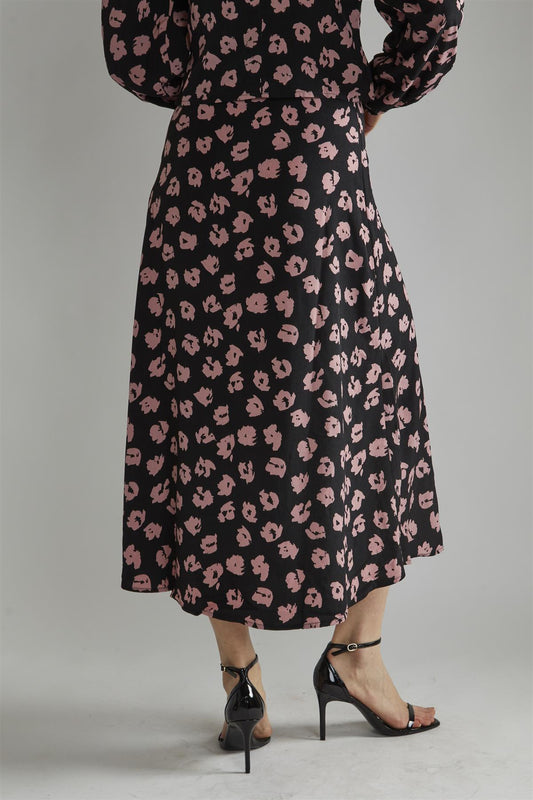 Black-Pink Splodge Button-Front Midi-Skirt