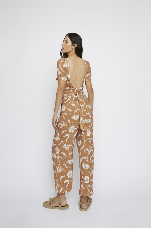 Brown-Paisley Tie-Back Crop-Top