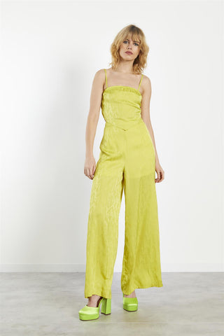 Lime-Satin Jacquard High-Waist Wide-Leg Trousers