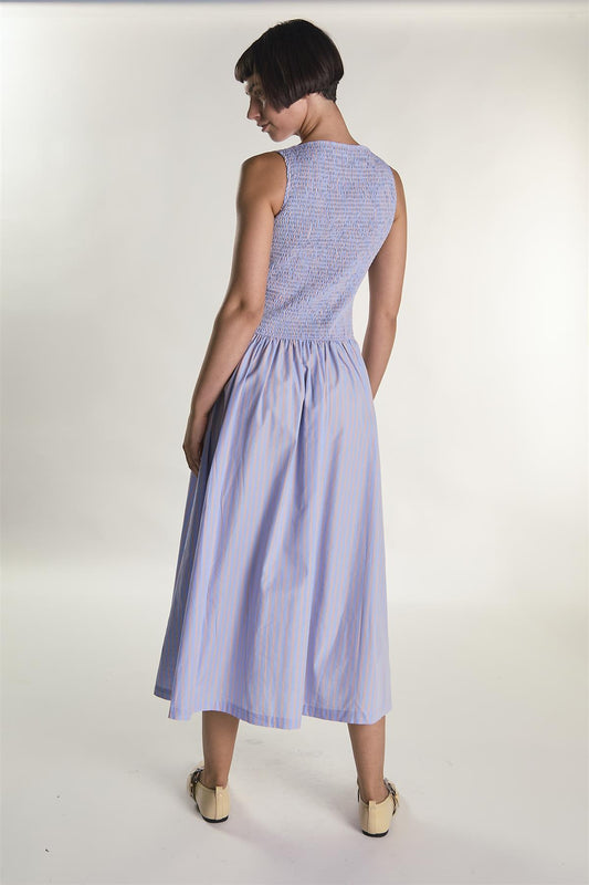 Blue Orange Stripe Slash Neck Shirring Midaxi Dress