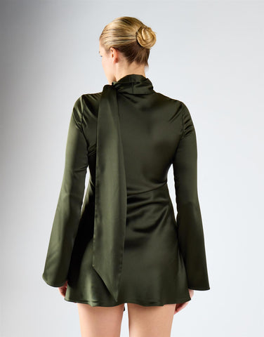 Deep Khaki Long-Sleeves Scarf Detail Mini Dress