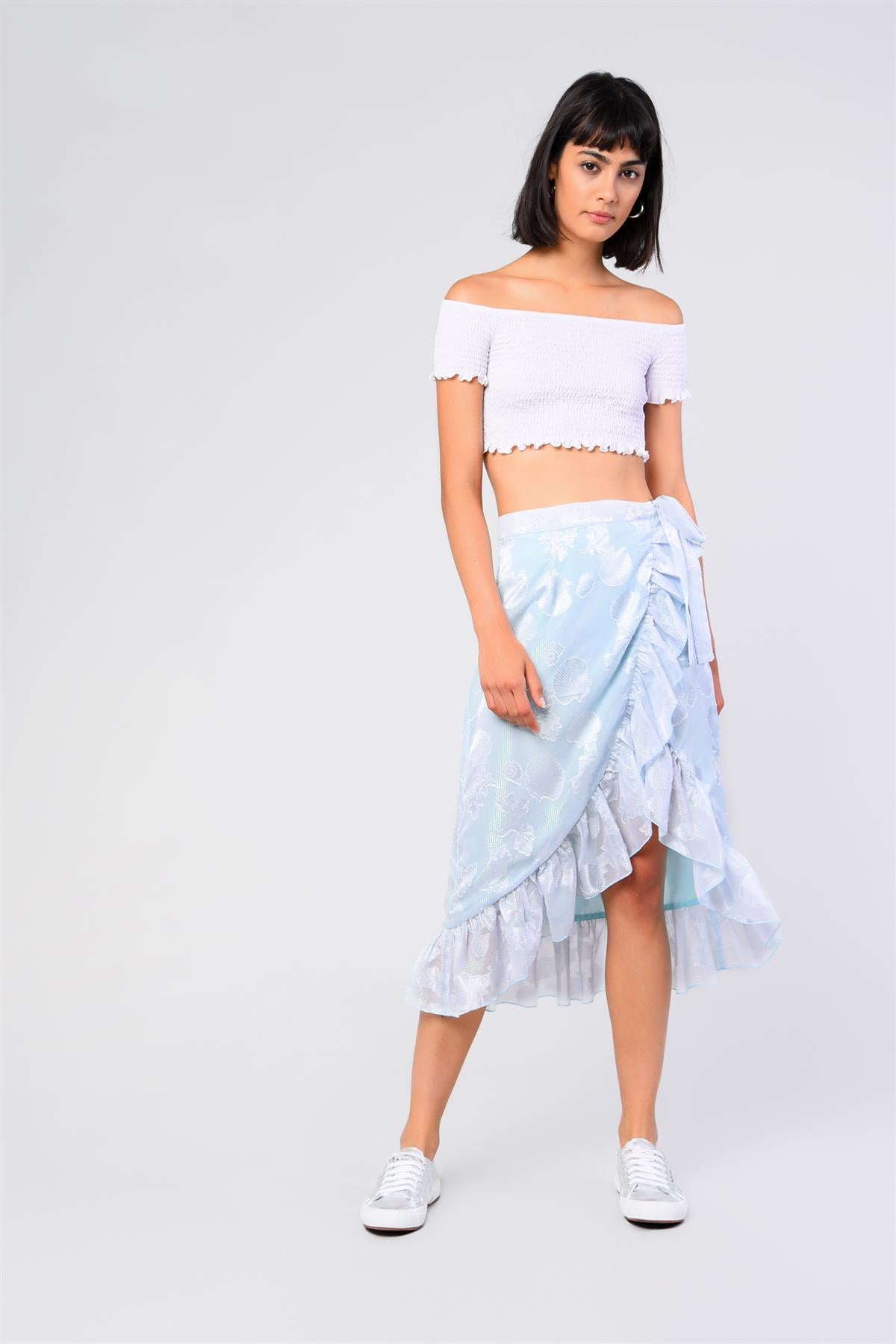 Off-White Shirred-Bardot Crop-Top