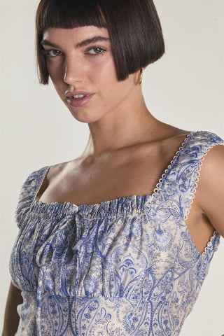 White Blue Paisley Tie Front Mini Dress