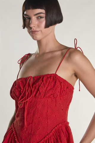 Red Broderie Tie Strap Mini Dress