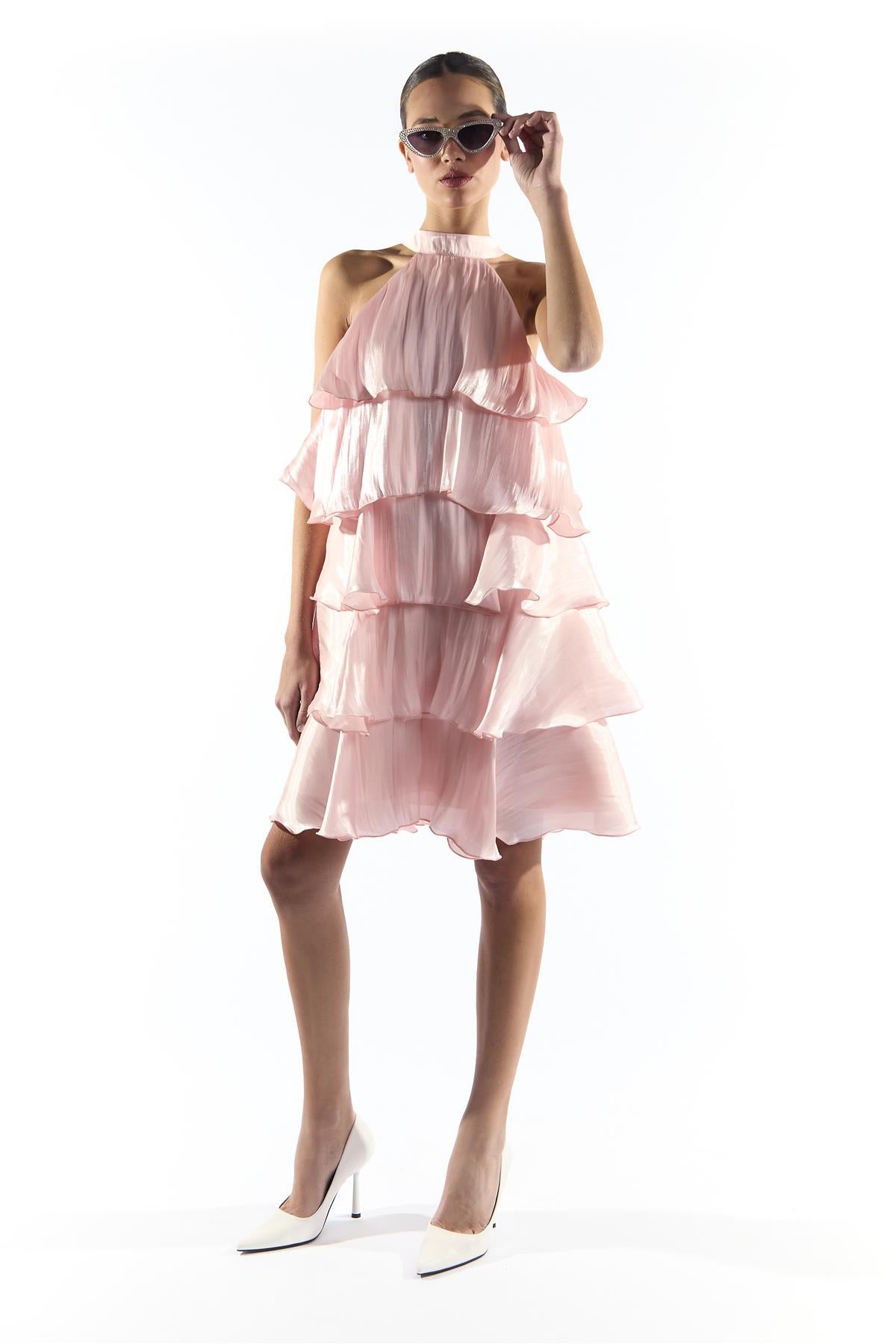 Pink Metallic Halter Neck Tiered Ruffle Dress