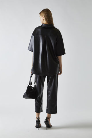 Black-PU Straight Fit Crop Trousers