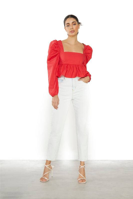Red Puff Long Sleeve Open Back Top
