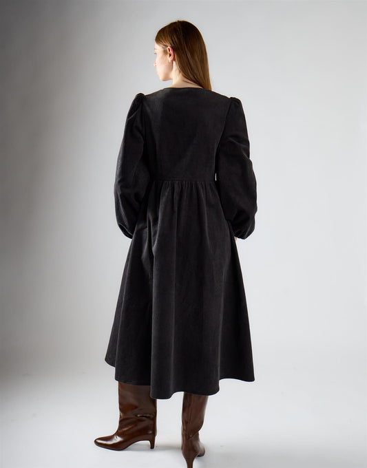 Dark Grey Corduroy V-Neck Button Midi Dress