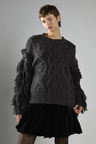 Charcoal Fringe Sleeve Cable Knit Jumper