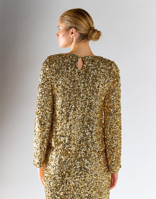 Gold Sequin Back-Keyhole Long-Sleeves Top