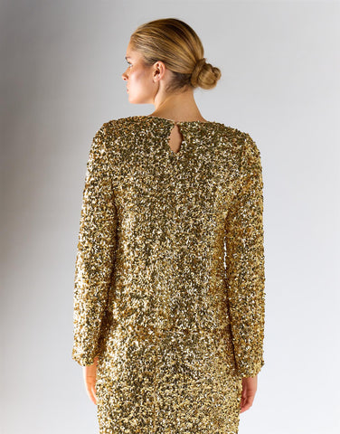 Gold Sequin Back-Keyhole Long-Sleeves Top