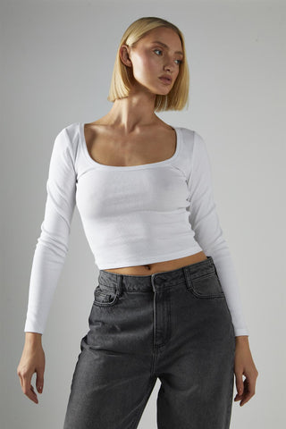Scoop Neck Crop Tops - White Rib