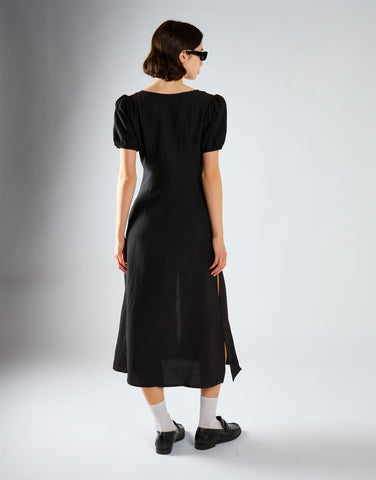 V-Neck Puff Sleeve Midi Dress - Black