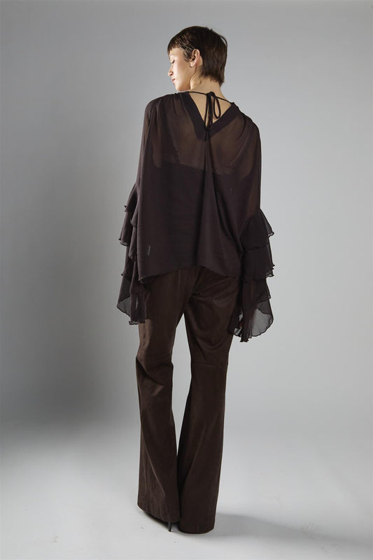 Brown Flared Mid-Rise Trousers