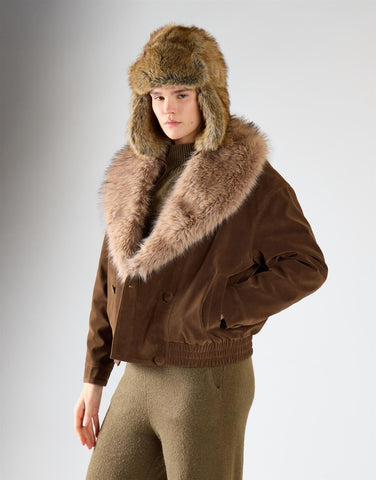 Khaki Brown Faux Fur Collar Bomber Jacket