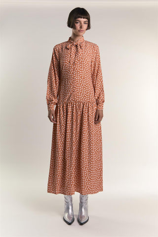 Rust Ditsy Tie Neck Long Sleeve Midaxi Dress