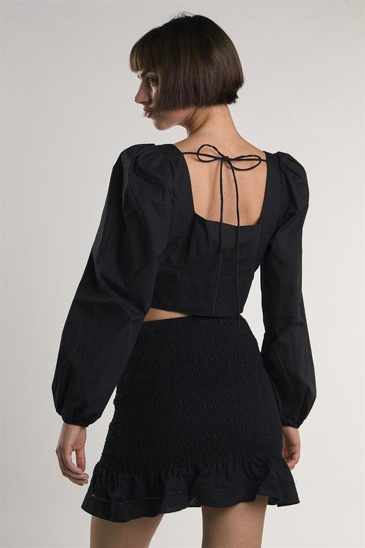 Black Long-Puff-Sleeve-Tie-Detail Crop-Top
