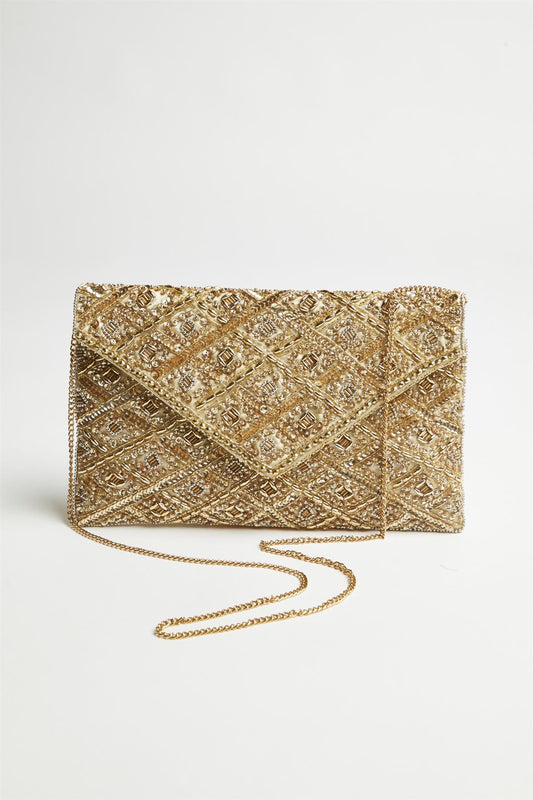 Gold Beaded Envelope Clutch-Bag