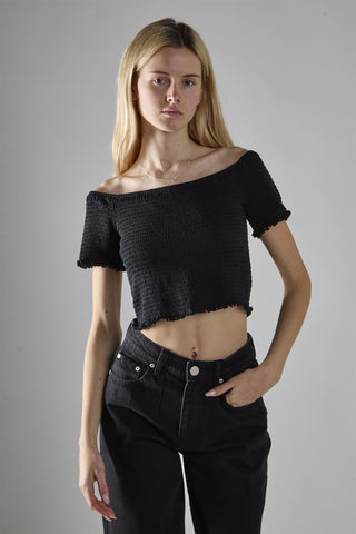 Black Shirred Bardot Crop-Top