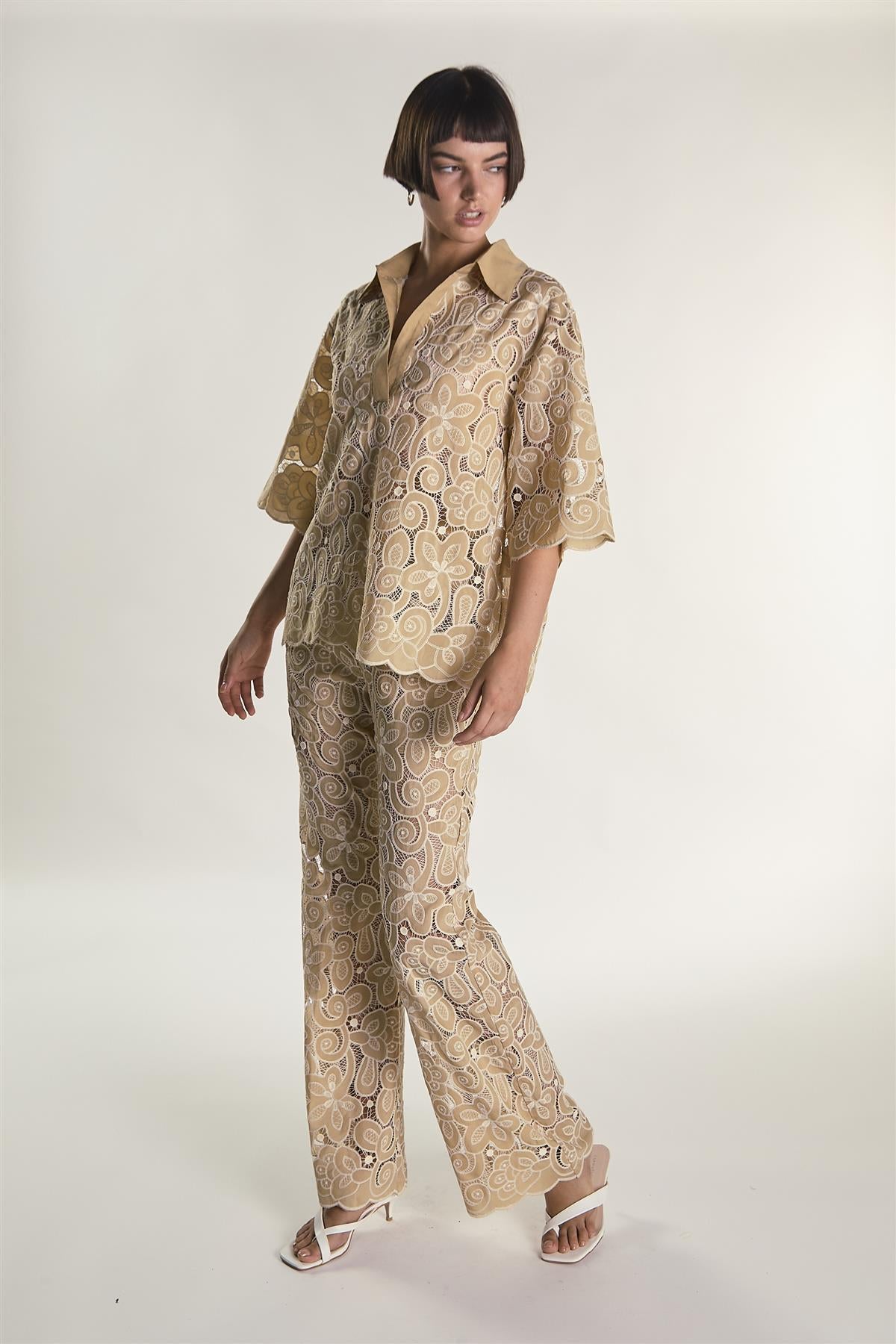 Sand Embroidered High Waisted Flared Trousers