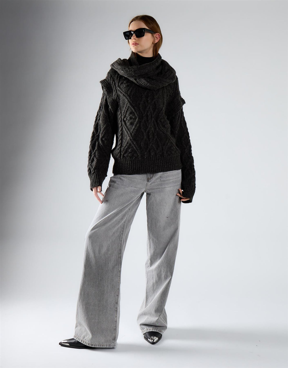 Charcoal Scarf Knit Top