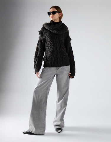 Charcoal Scarf Knit Top