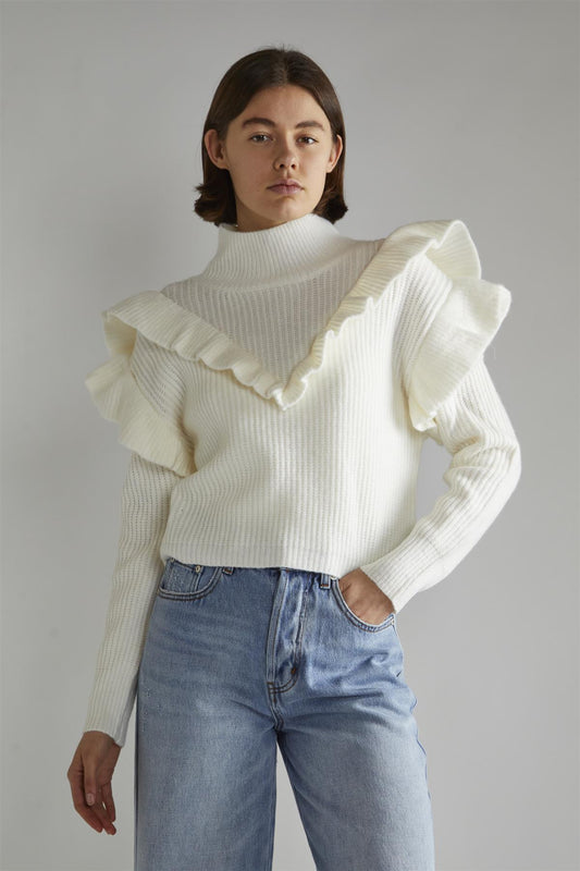 Cream High Neck Jumper with Ruffle Detail