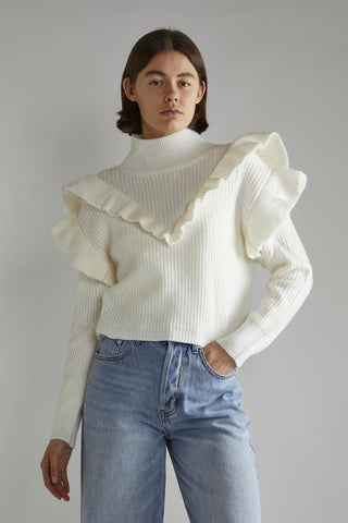 Cream High Neck Jumper with Ruffle Detail