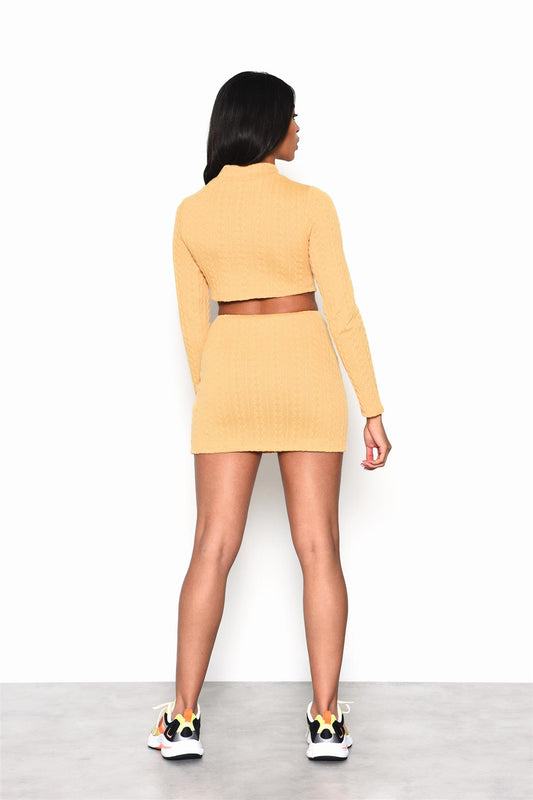 Golden-Yellow Cable-Knit-Long-Sleeve Crop-Top