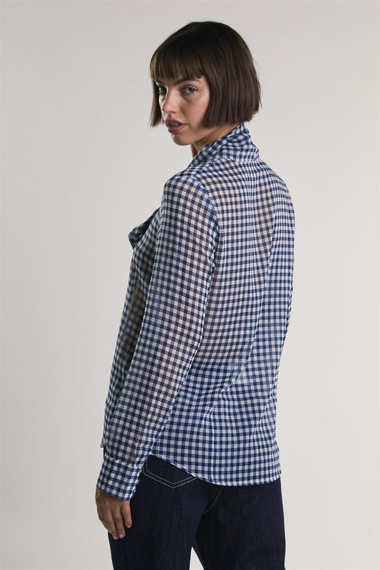 Navy/White-Gingham Front-Tie Long-Sleeve-Top