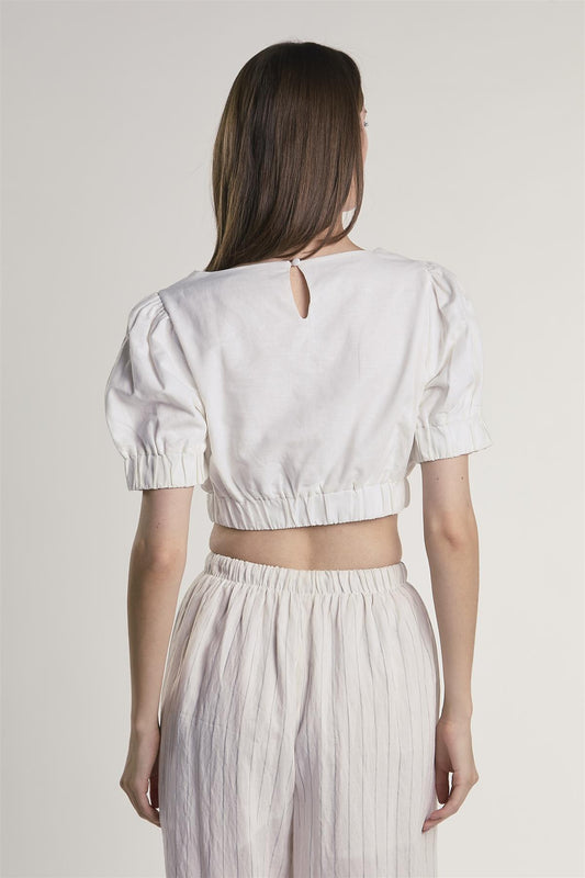 White Puffed-Sleeve Crop-Top