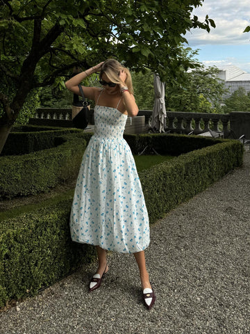 White Teal Blue Ditsy Spaghetti Strap Midi Dress