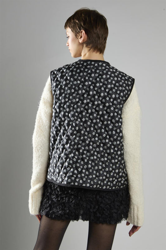 Black White Flower Quilted Front Tie Gilet