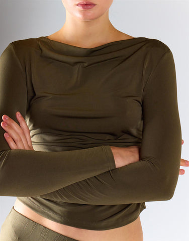 Olive Ruched Side Long-Sleeves Boatneck Top