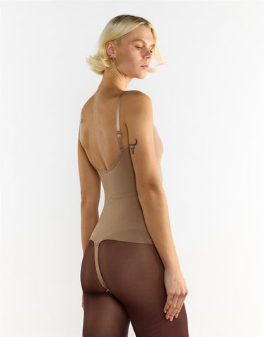 V-Neck Backless Shapewear Bodysuit - Beige