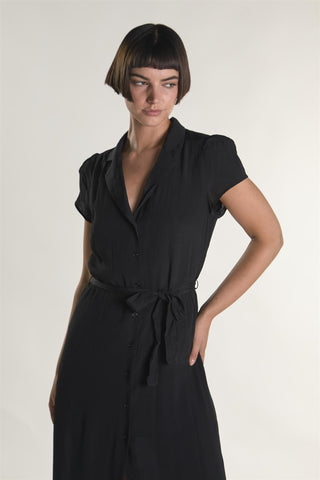 Black Short-Sleeve-Button-Front-Wrap Midi-Dress