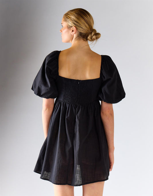 Balloon Sleeve Flowy Mini Dress - Black