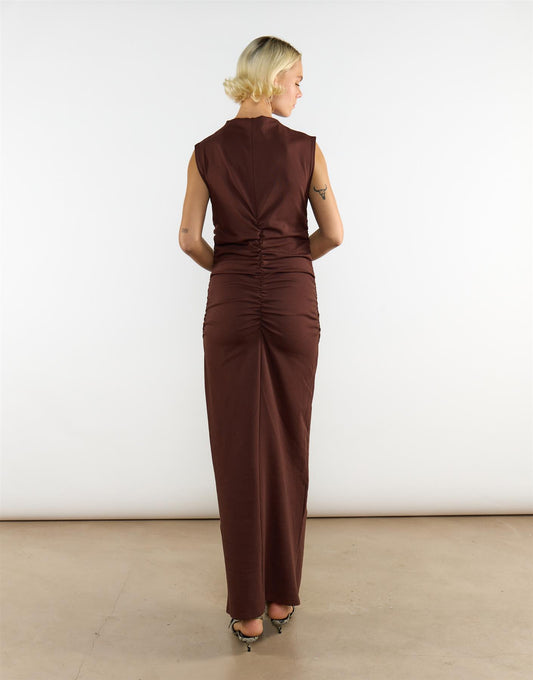 Brown Cotton Mock Neck Long Dress