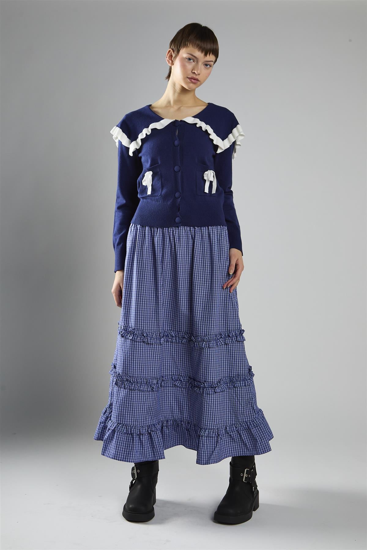 Navy-White Collared Cardigan