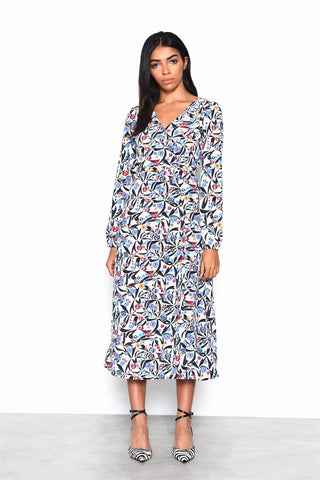 White Blue Multi Abstract V-Neck Midi Dress
