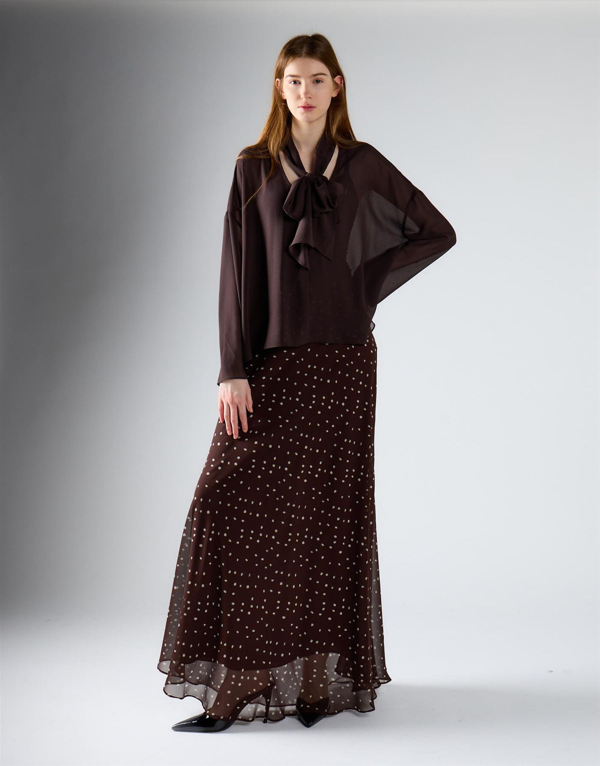 Coffee Brown Sheer Tie-Neck Blouse