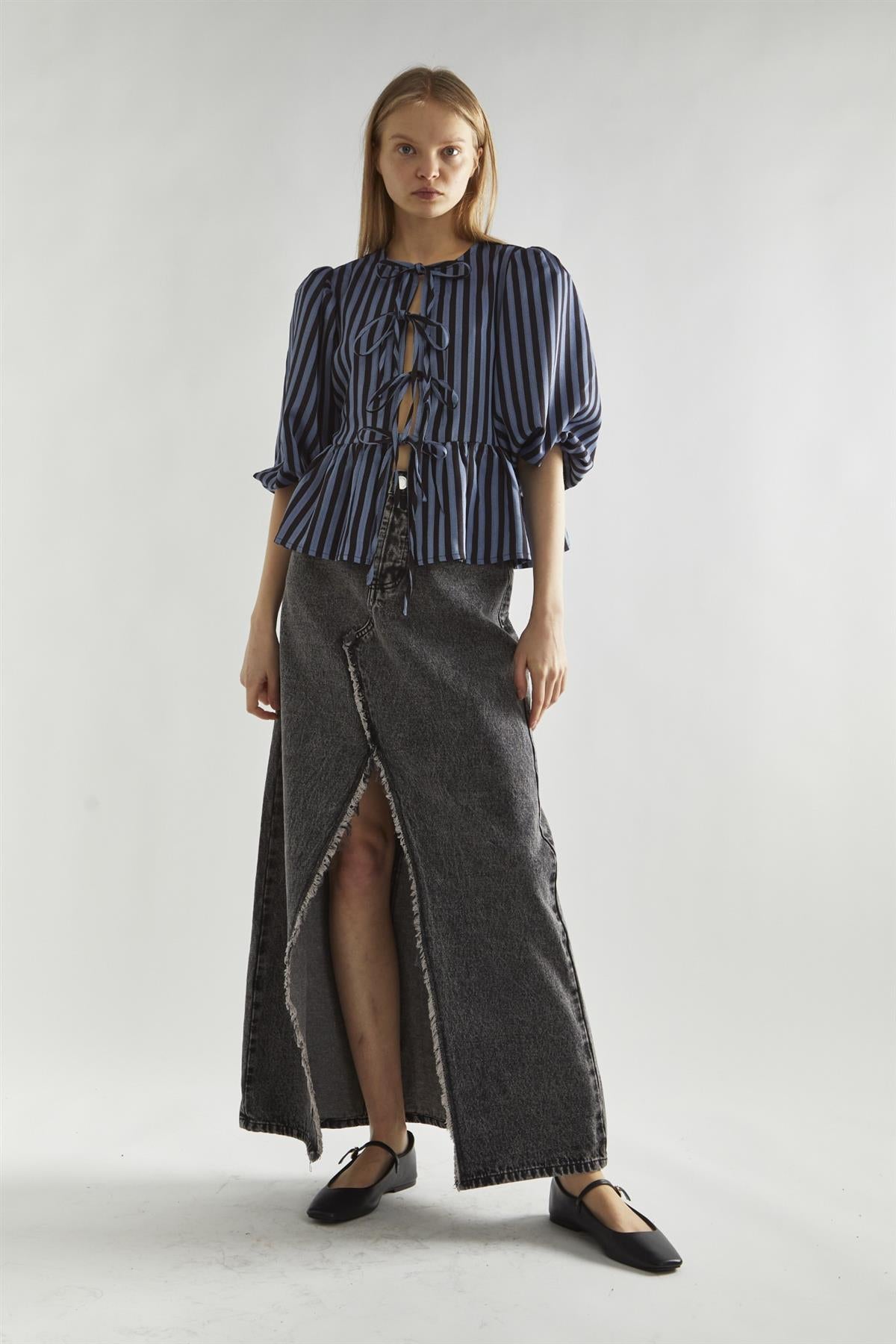 Blue-Black Stripe Tie-Front Top