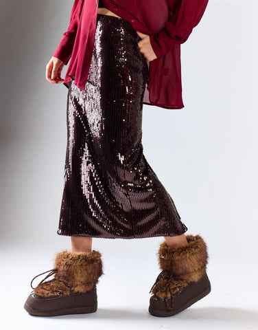 Burgundy Sequin Back Vent Midi Skirt