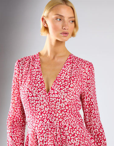 Red Leopard Chiffon V-Neck Tie Waist Mini Dress