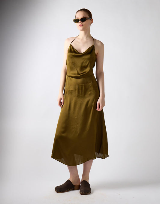 Khaki Satin Cowl Neck Midi Dress