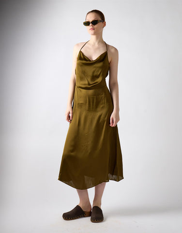 Khaki Satin Cowl Neck Midi Dress