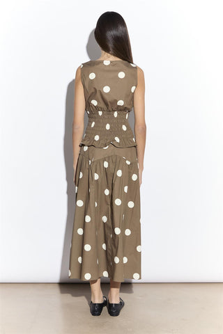 Taupe White Spot Dropped Waist Midi Skirt